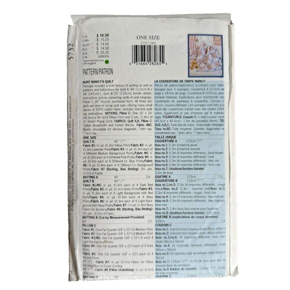 Butterick 5732 Aunt Nancy’s Quilt Pattern Blanket Pillows Throw UNCUT - Picture 2 of 2